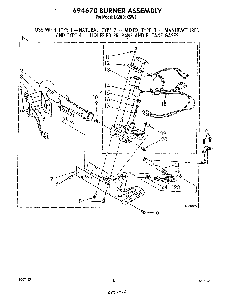694670 BURNER Diagram and Parts List for LG9801XSW0  Whirlpool Dryer