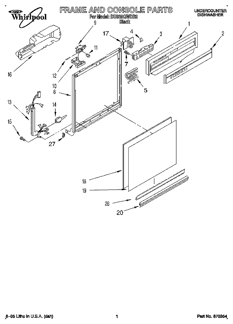 FRAME AND CONSOLE Diagram and Parts List for DU930QWDB2  Whirlpool Dishwasher