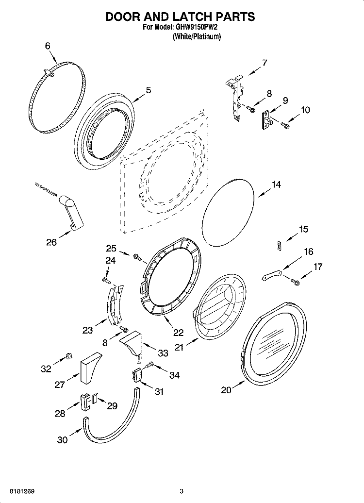 DOOR AND LATCH PARTS Diagram and Parts List for GHW9150PW2  Whirlpool Washer