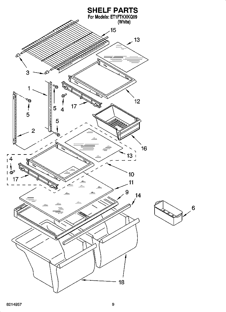 SHELF PARTS, OPTIONAL PARTS Diagram and Parts List for ET1FTKXKQ09  Whirlpool Refrigerator