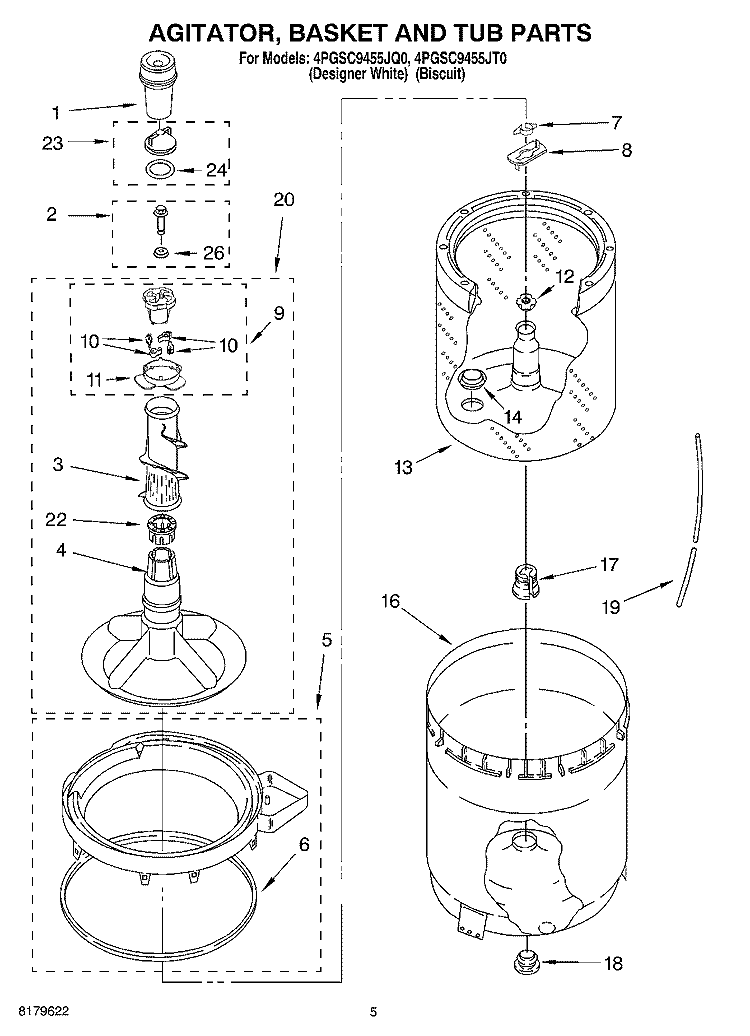 AGITATOR, BASKET AND TUB Diagram and Parts List for 4PGSC9455JT0  Whirlpool Washer