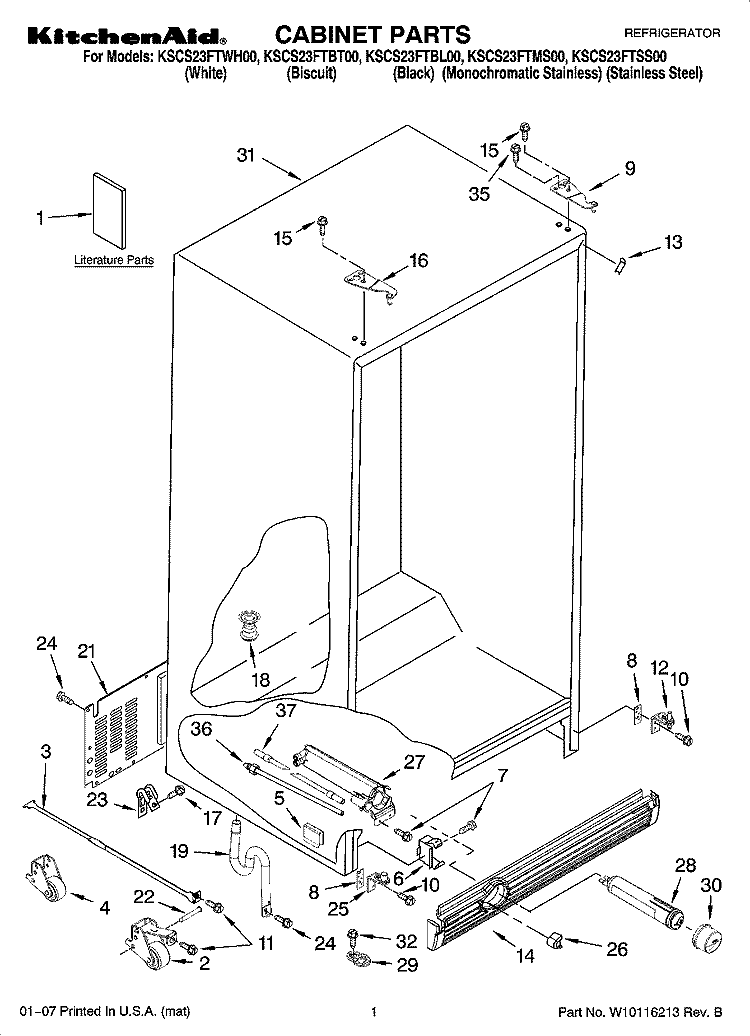 CABINET PARTS Diagram and Parts List for KSCS23FTBT00  KitchenAid Refrigerator