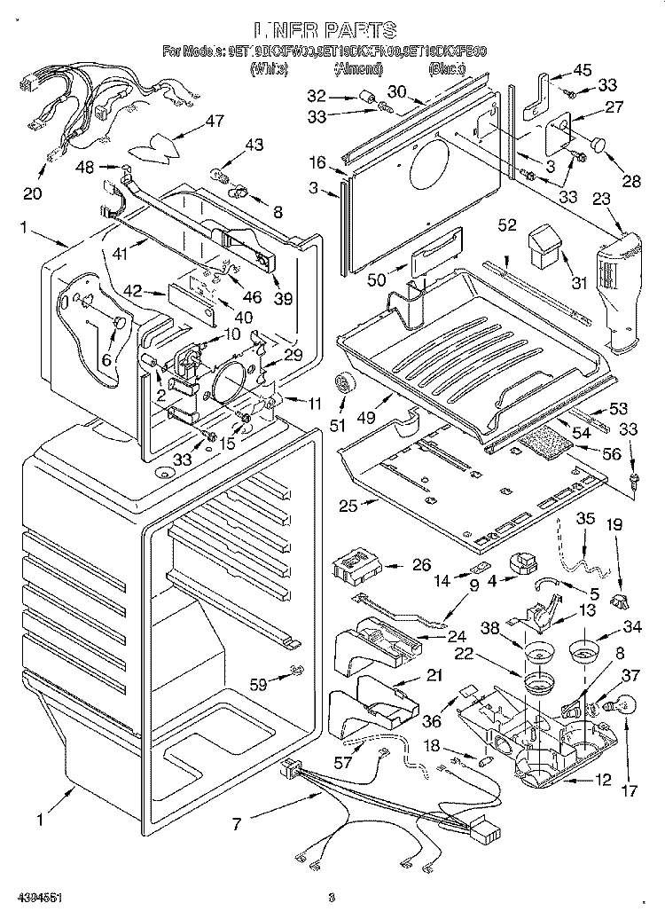 LINER Diagram and Parts List for 9ET19DKXFB00  Whirlpool Refrigerator
