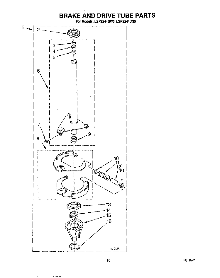 BRAKE AND DRIVE TUBE Diagram and Parts List for LSR8244BW0  Whirlpool Washer