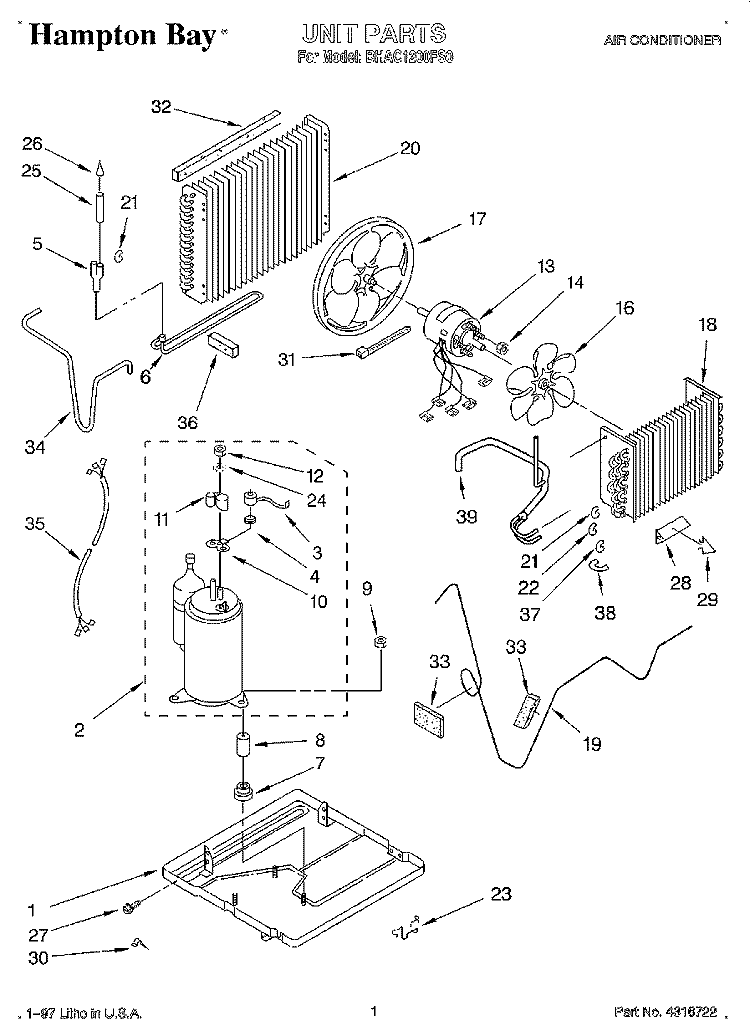 UNIT, LITERATURE Diagram and Parts List for BHAC1200FS0  Whirlpool Air Conditioner