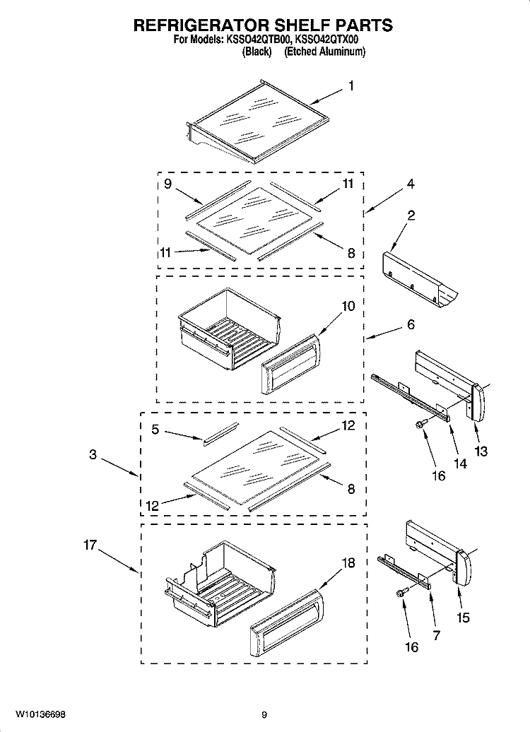 REFRIGERATOR SHELF PARTS Diagram and Parts List for KSSO42QTB00  KitchenAid Refrigerator