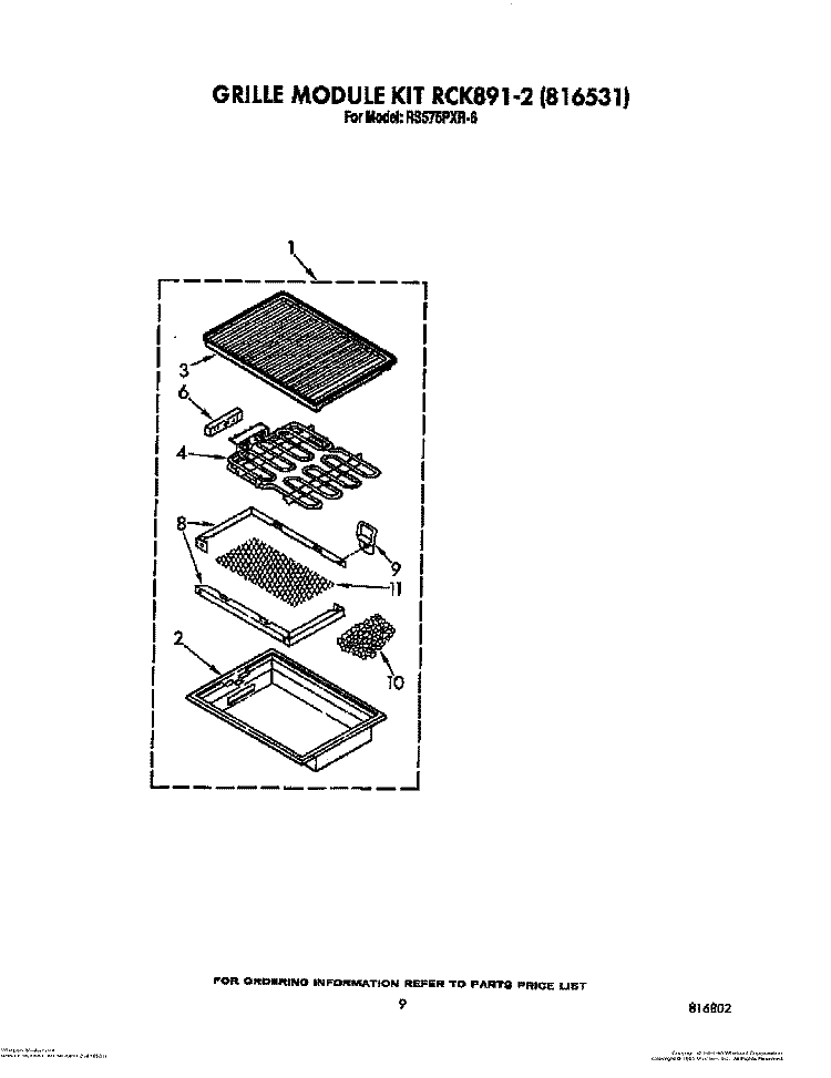 GRILLE MODULE KIT RCK891-2 (816531) Diagram and Parts List for RS575PXR6  Whirlpool Range