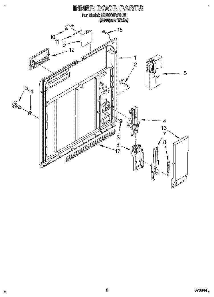 INNER DOOR Diagram and Parts List for DU800CWDQ2  Whirlpool Dishwasher