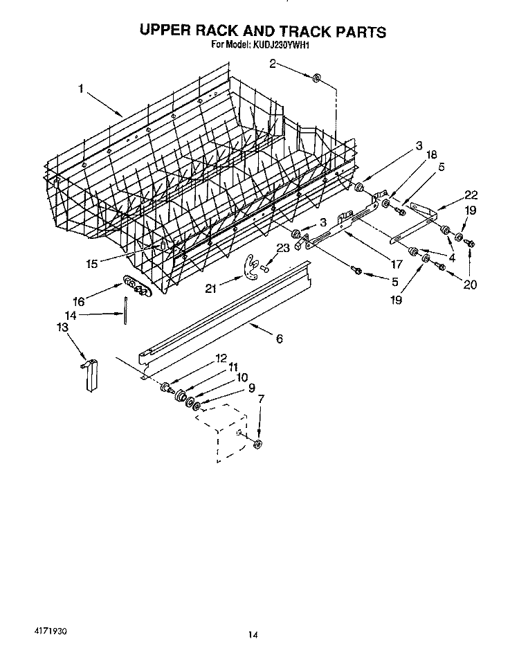 UPPER RACK AND TRACK Diagram and Parts List for KUDJ230YWH1  KitchenAid Dishwasher