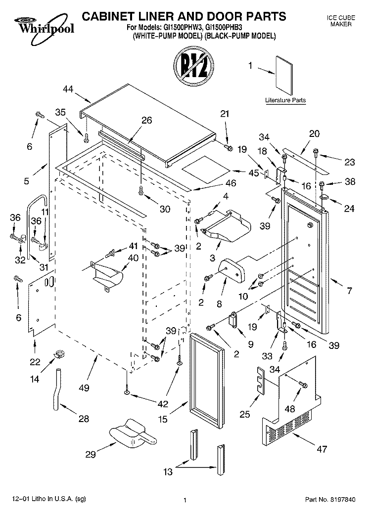 CABINET, LINER AND DOOR, LITERATURE Diagram and Parts List for GI1500PHB3  Whirlpool Ice Maker