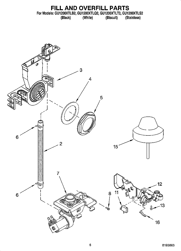 FILL AND OVERFILL PARTS Diagram and Parts List for GU1200XTLB2  Whirlpool Dishwasher
