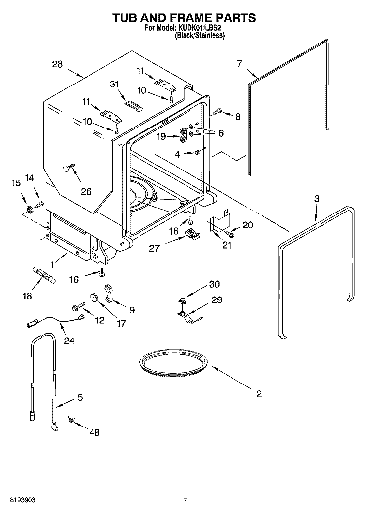 TUB AND FRAME PARTS Diagram and Parts List for KUDK01ILBS2  KitchenAid Dishwasher