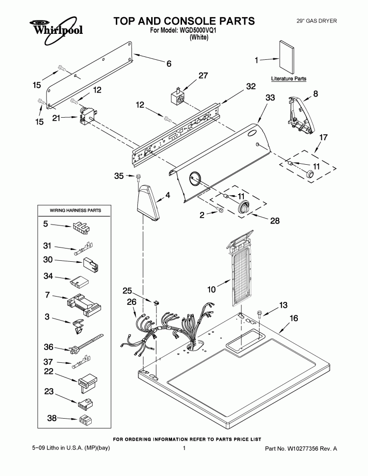 TOP AND CONSOLE PARTS Diagram and Parts List for WGD5000VQ1  Whirlpool Dryer