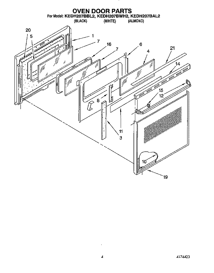 OVEN DOOR, LITERATURE Diagram and Parts List for KEDH207BAL2  KitchenAid Range