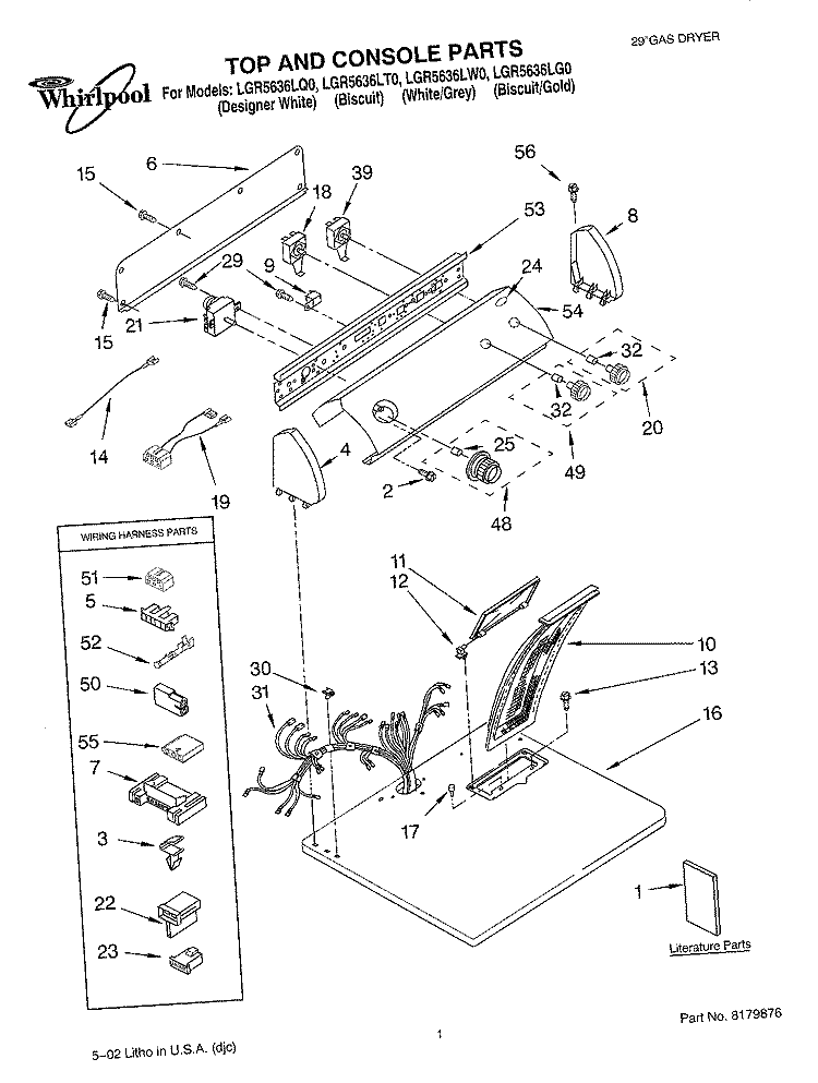 TOP AND CONSOLE, LITERATURE Diagram and Parts List for LGR5636LT0  Whirlpool Dryer