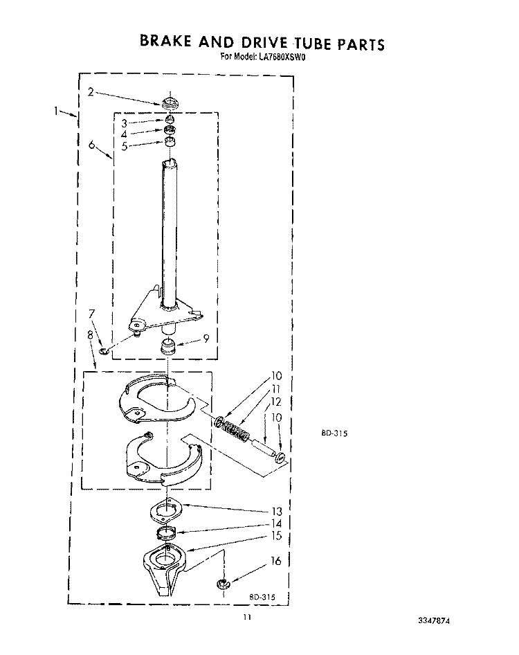 BRAKE AND DRIVE TUBE Diagram and Parts List for LA7680XSW0  Whirlpool Washer