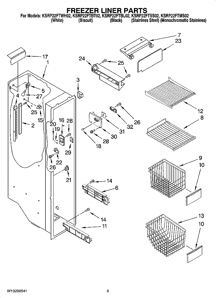 FREEZER LINER PARTS Diagram and Parts List for KSRP22FTWH02  KitchenAid Refrigerator