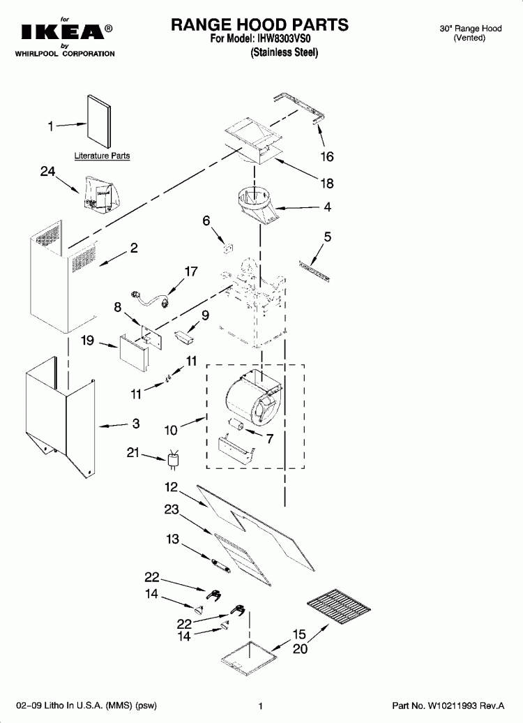RANGE HOOD PARTS Diagram and Parts List for IHW8303VS0  Whirlpool Range Hood