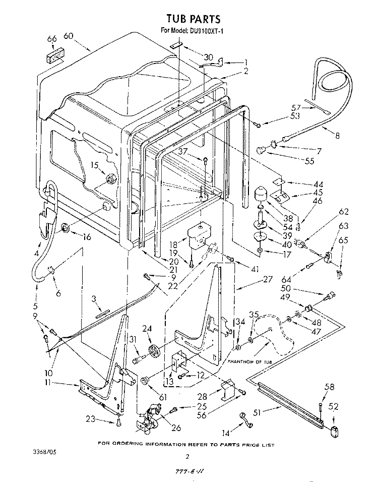 TUB , LITERATURE AND OPTIONAL Diagram and Parts List for DU9100XT1  Whirlpool Dishwasher