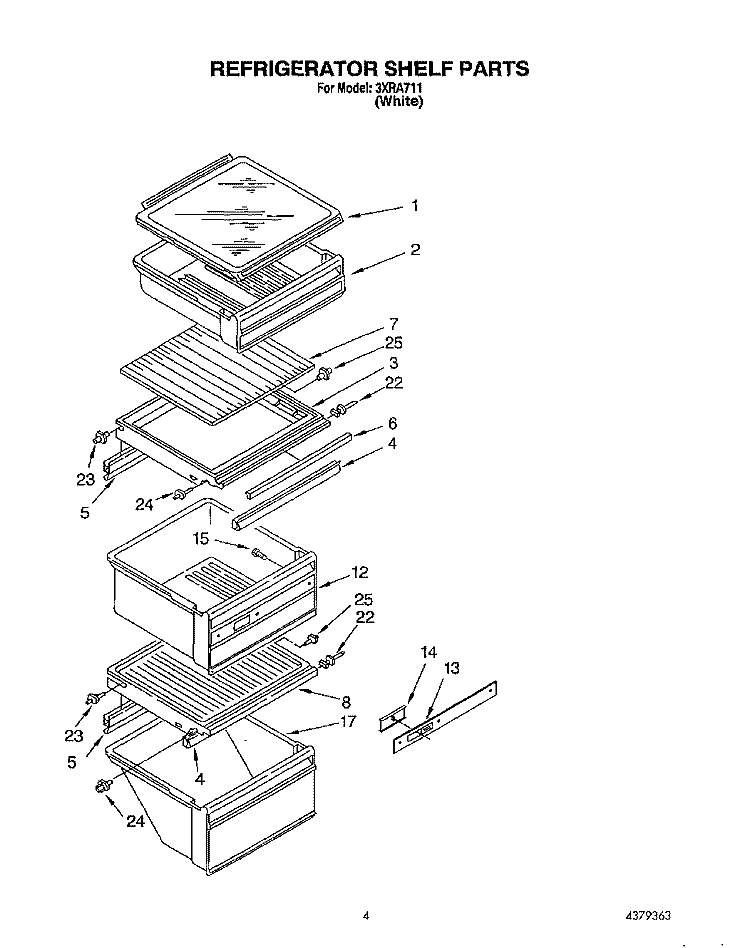 REFRIGERATOR SHELF Diagram and Parts List for 3XRA711  Whirlpool Refrigerator