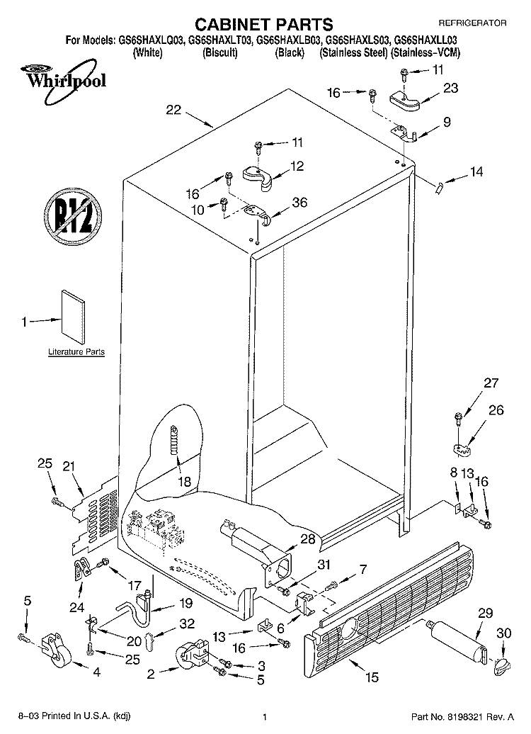 CABINET PARTS Diagram and Parts List for GS6SHAXLS03  Whirlpool Refrigerator