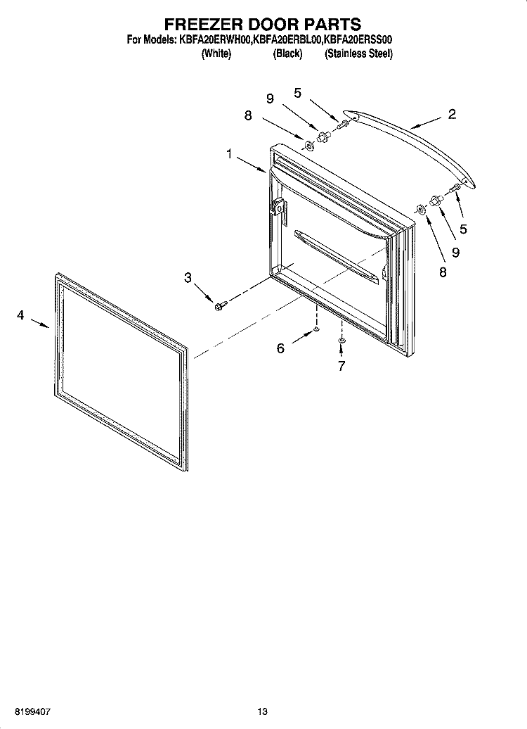 FREEZER DOOR PARTS Diagram and Parts List for KBFA20ERWH00  KitchenAid Refrigerator