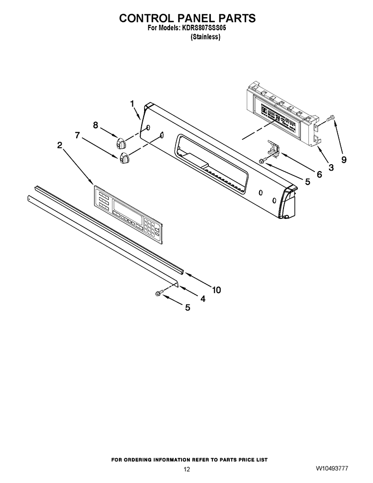 CONTROL PANEL PARTS Diagram and Parts List for KDRS807SSS05  KitchenAid Range