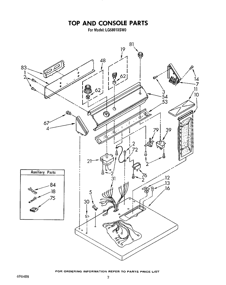 TOP AND CONSOLE, LIT/OPTIONAL Diagram and Parts List for LG5801XSW0  Whirlpool Dryer