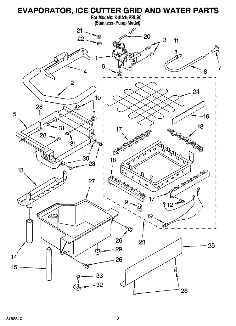 EVAPORATOR ICE CUTTER GRID AND WATER PARTS \fs22 , Diagram and Parts List for KUIA15PRLS0  KitchenAid Ice Maker
