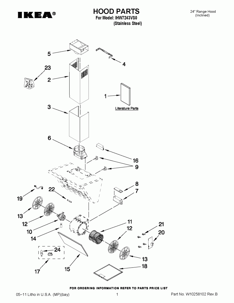 HOOD PARTS Diagram and Parts List for IHW7243VS0  Whirlpool Range Hood