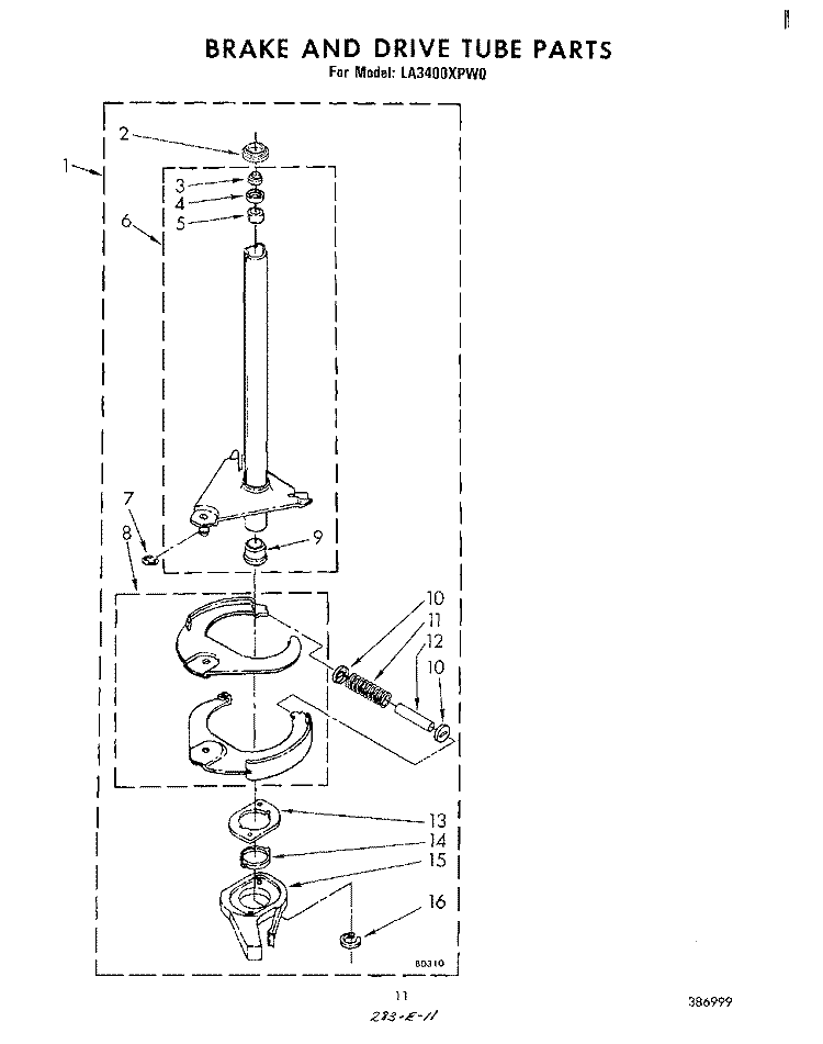 BRAKE AND DRIVE TUBE Diagram and Parts List for LA3400XPW0  Whirlpool Washer