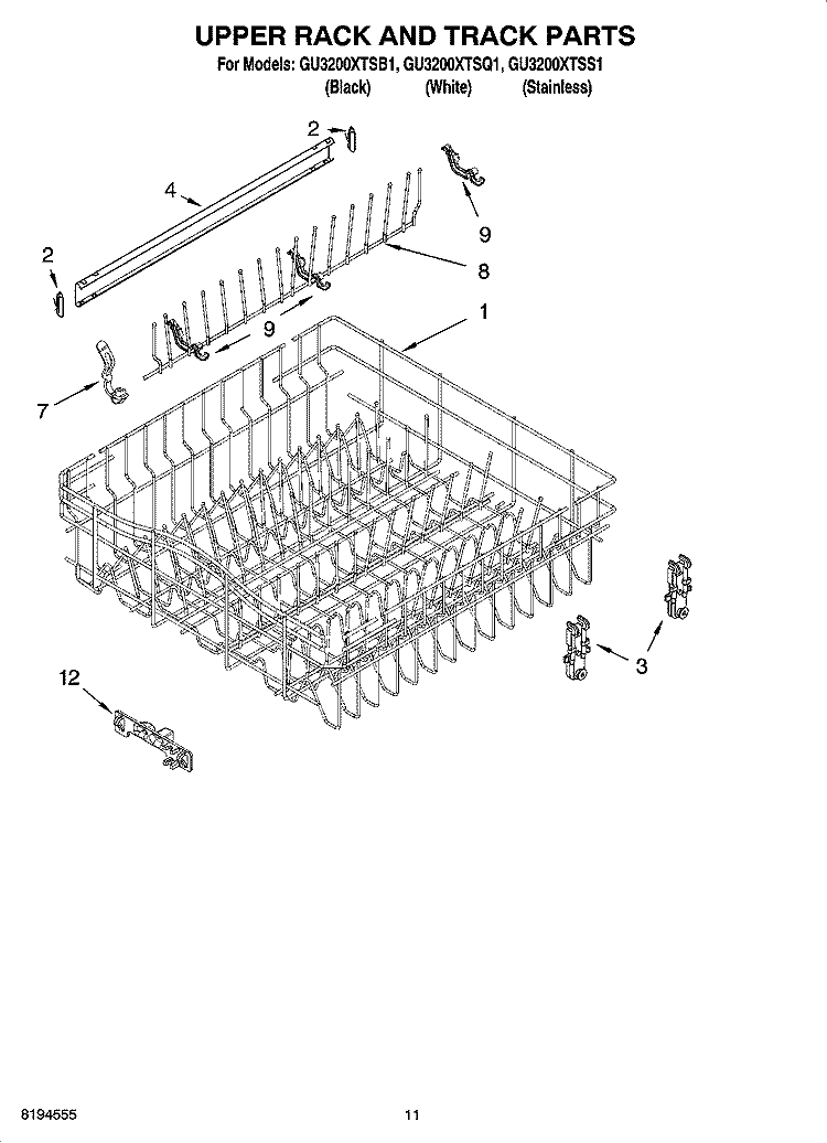 UPPER RACK AND TRACK PARTS Diagram and Parts List for GU3200XTSB1  Whirlpool Dishwasher