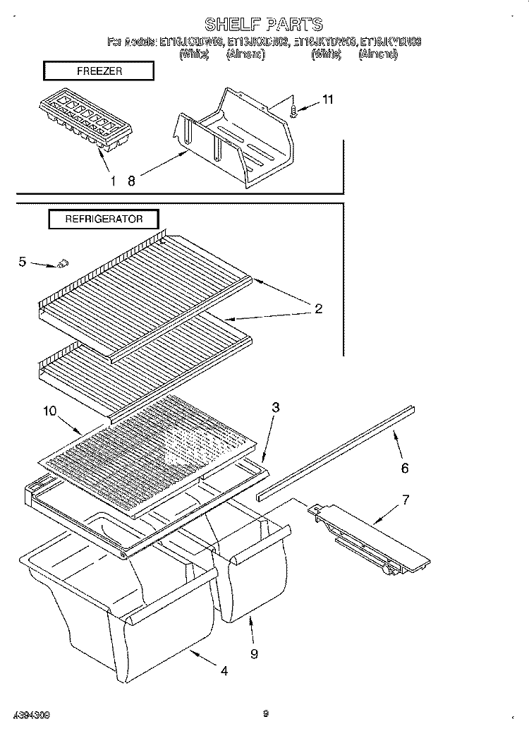 SHELF, LIT/OPTIONAL Diagram and Parts List for ET16JKYDN03  Whirlpool Refrigerator