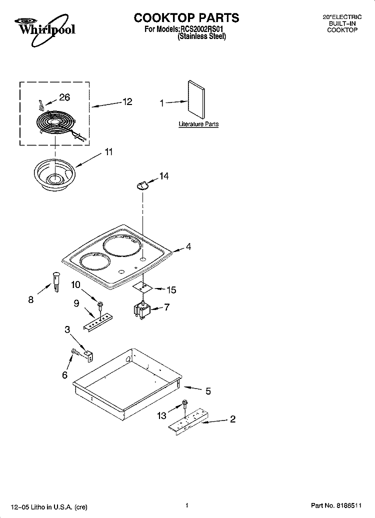 COOKTOP PARTS, OPTIONAL PARTS Diagram and Parts List for RCS2002RS01  Whirlpool Cooktop
