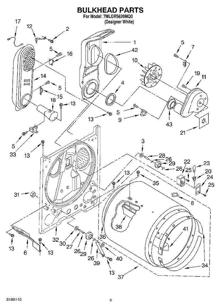 BULKHEAD PARTS Diagram and Parts List for 7MLGR5620MQ0  Whirlpool Dryer