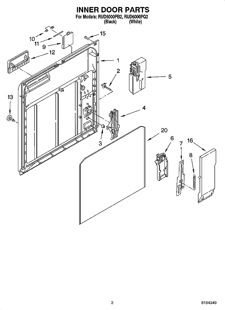 INNER DOOR PARTS Diagram and Parts List for RUD6000PQ2  Roper Dishwasher