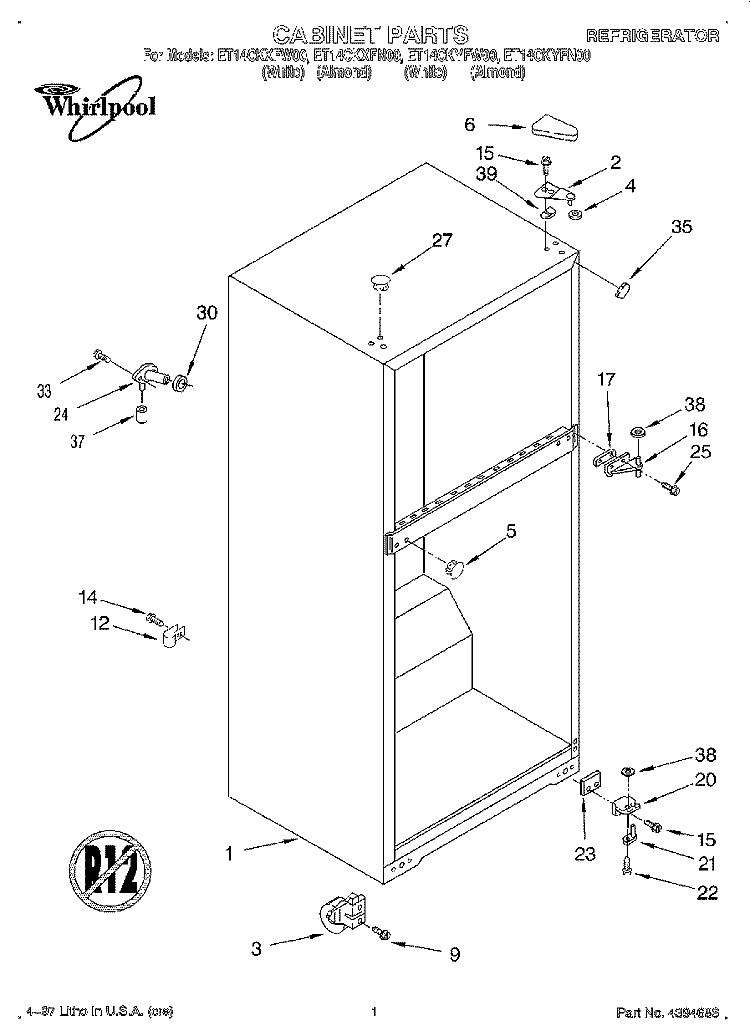 CABINET Diagram and Parts List for ET14CKYFN00  Whirlpool Refrigerator