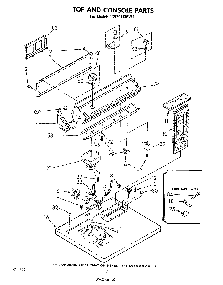 TOP AND CONSOLE , LITERATURE AND OPTIONAL Diagram and Parts List for LG5791XMW2  Whirlpool Dryer