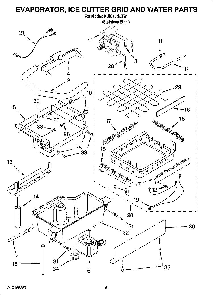 EVAPORATOR, ICE CUTTER GRID AND WATER PARTS Diagram and Parts List for KUIC15NLTS1  KitchenAid Ice Maker