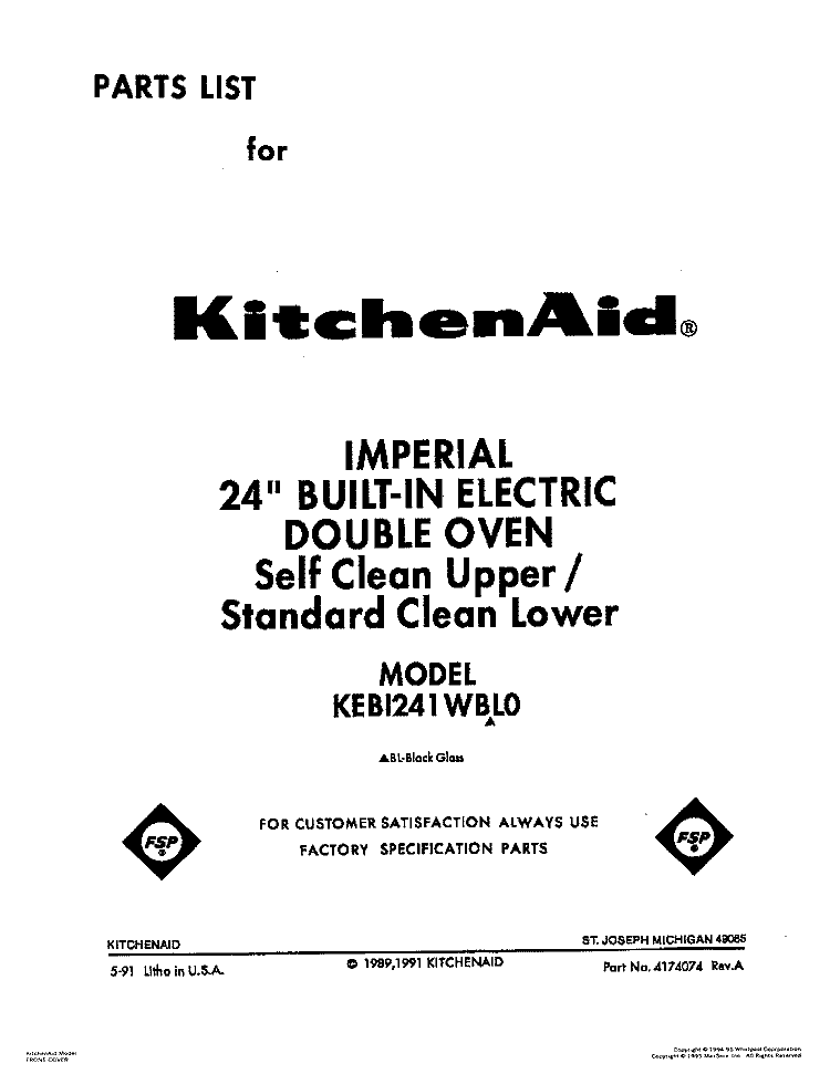 FRONT COVER Diagram and Parts List for KEBI241WBL0  KitchenAid Wall Oven