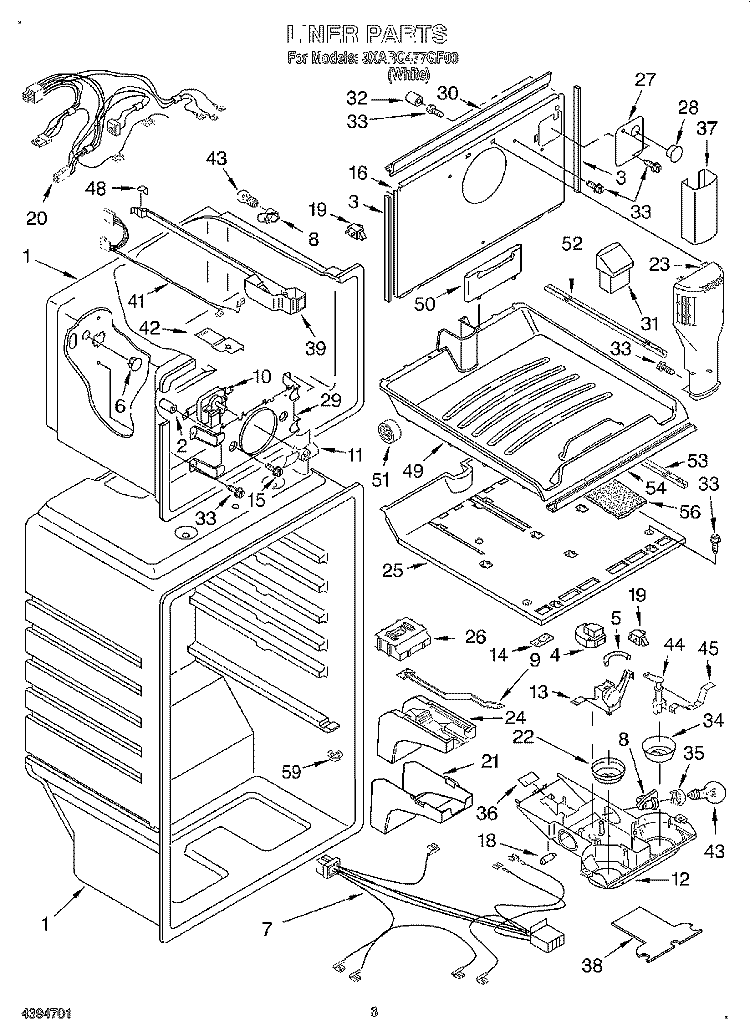 LINER Diagram and Parts List for 3XARG477GF00  Whirlpool Refrigerator