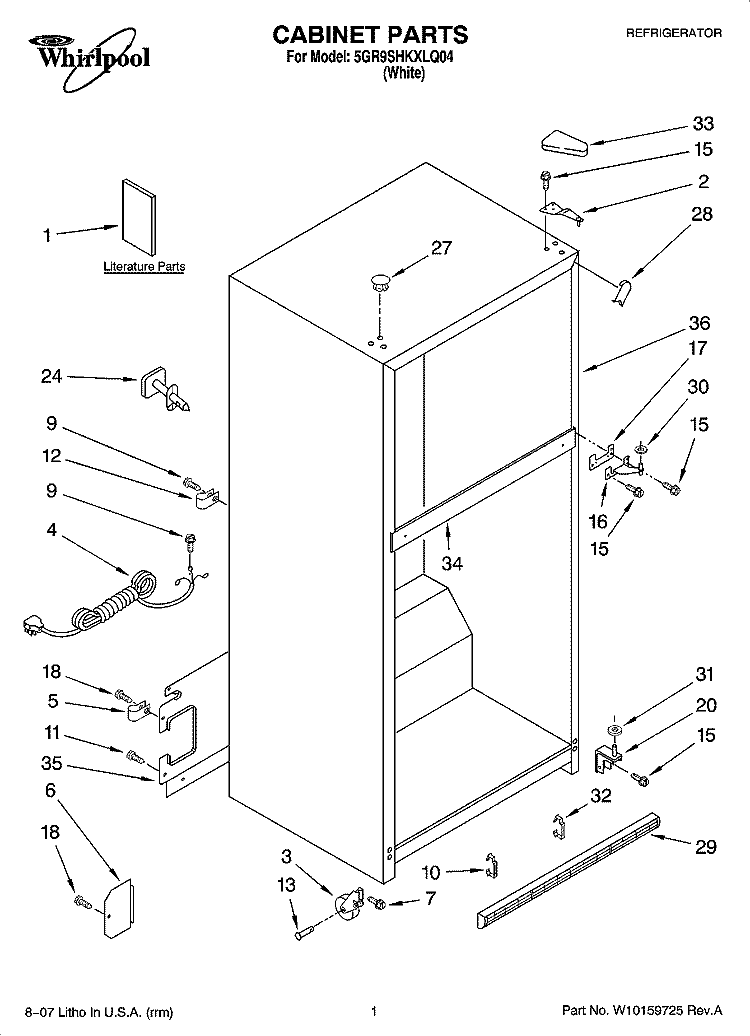 CABINET PARTS Diagram and Parts List for 5GR9SHKXLQ04  Whirlpool Refrigerator