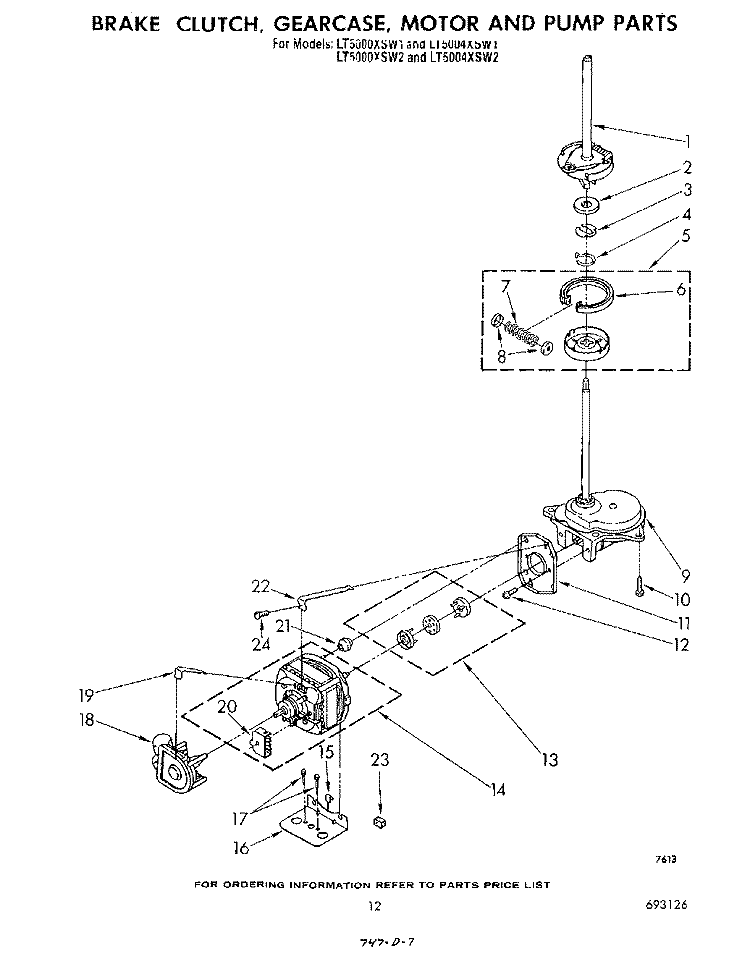 BRAKE, CLUTCH, GEARCASE, MOTOR AND PUMP Diagram and Parts List for LT5000XSW1  Whirlpool Washer Dryer Combo