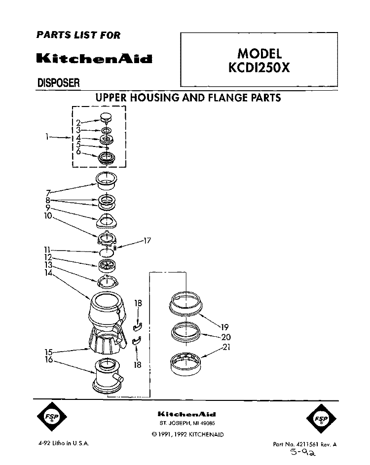 SECTION Diagram and Parts List for KCDI250X  KitchenAid Food Waste Disposer