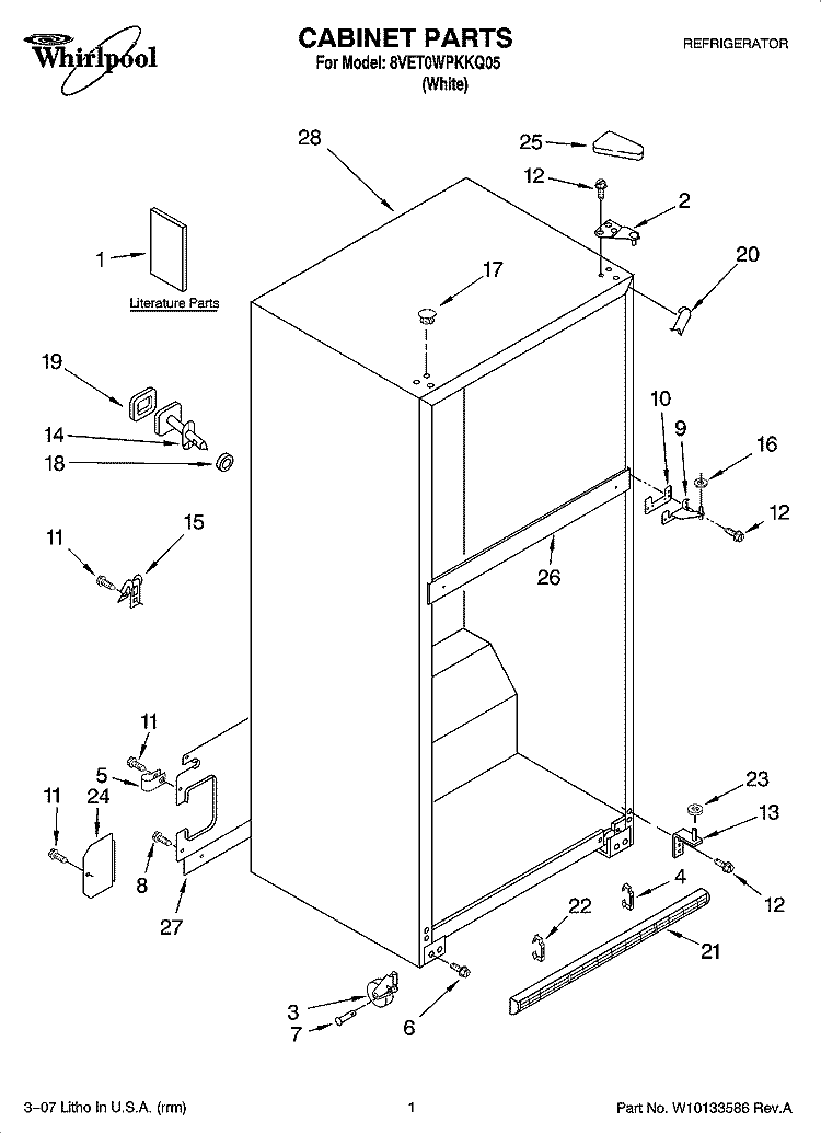 CABINET PARTS Diagram and Parts List for 8VET0WPKKQ05  Whirlpool Refrigerator