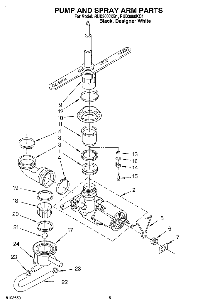 PUMP AND SPRAYARM Diagram and Parts List for RUD3000KB1  Roper Dishwasher