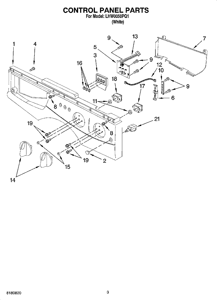 CONTROL PANEL PARTS Diagram and Parts List for LHW0050PQ1  Whirlpool Washer