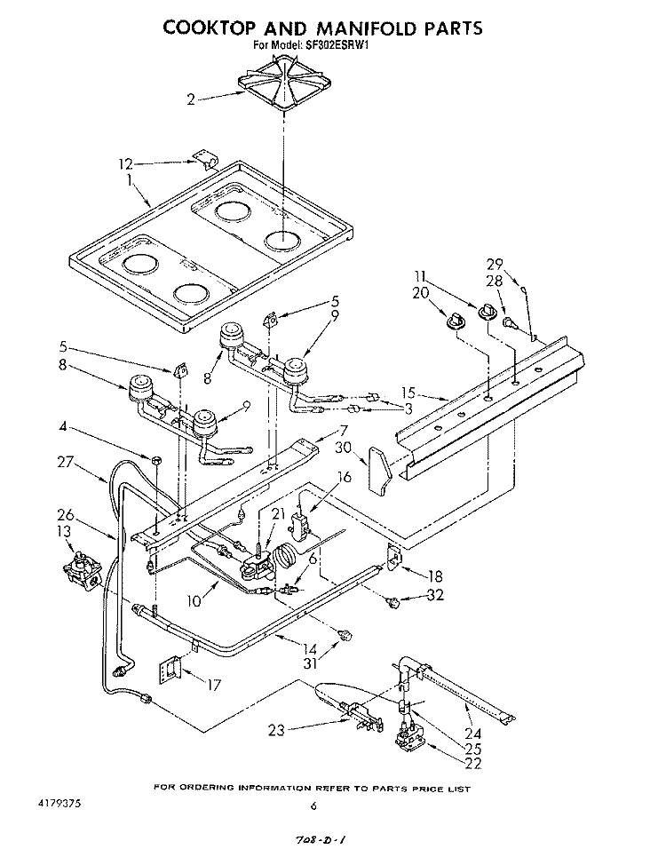 COOKTOP AND MANIFOLD , LITERATURE A Diagram and Parts List for SF302ESRW1  Whirlpool Range