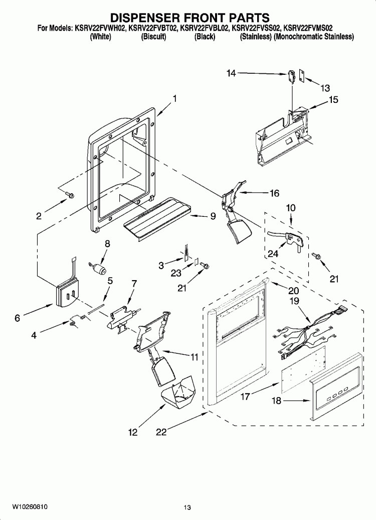 DISPENSER FRONT PARTS Diagram and Parts List for KSRV22FVSS02  KitchenAid Refrigerator