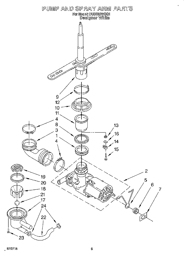 PUMP AND SPRAY ARM Diagram and Parts List for DU800DWGQ1  Whirlpool Dishwasher